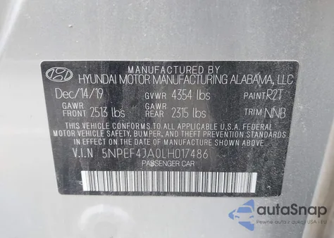 2020 Hyundai Sonata Sel из США, поврежденный, VIN 5NPEF4JA0LH017486